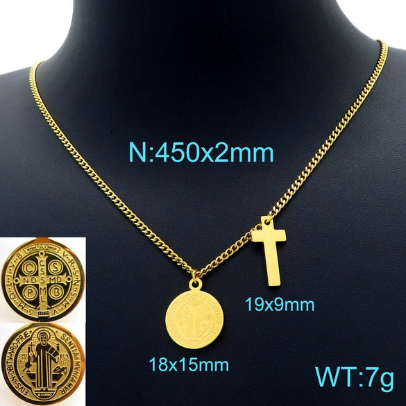 Wholesale Titanium Steel Geometric Oval Commemorative Coin Cross Goldplated Women's Clavicle Chain Jewelry