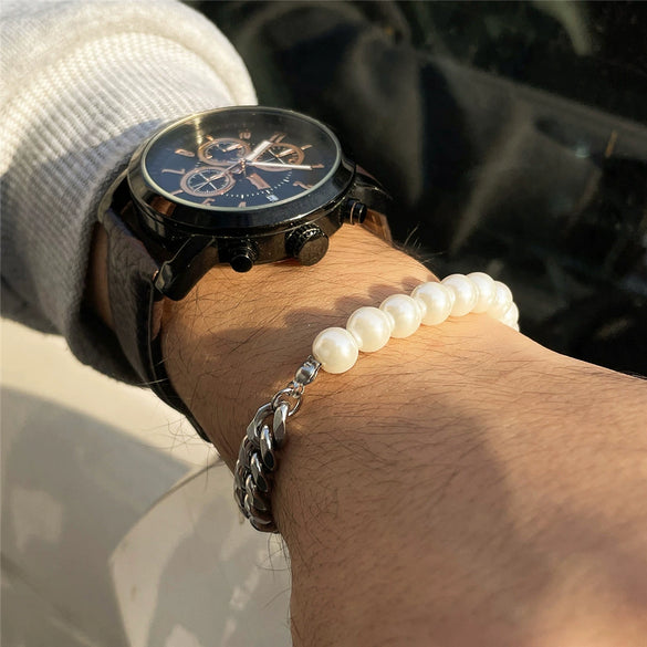 Wholesale Titanium Steel Geometric Pattern Cuban Chain And Pearl Chain Necklace For Men And Women