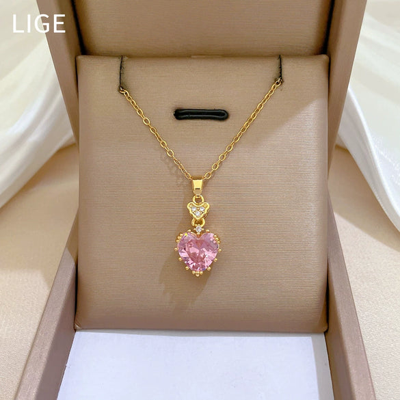 Wholesale Titanium Steel Geometric Pink Love Zircon Pendant Necklace For Women And Men