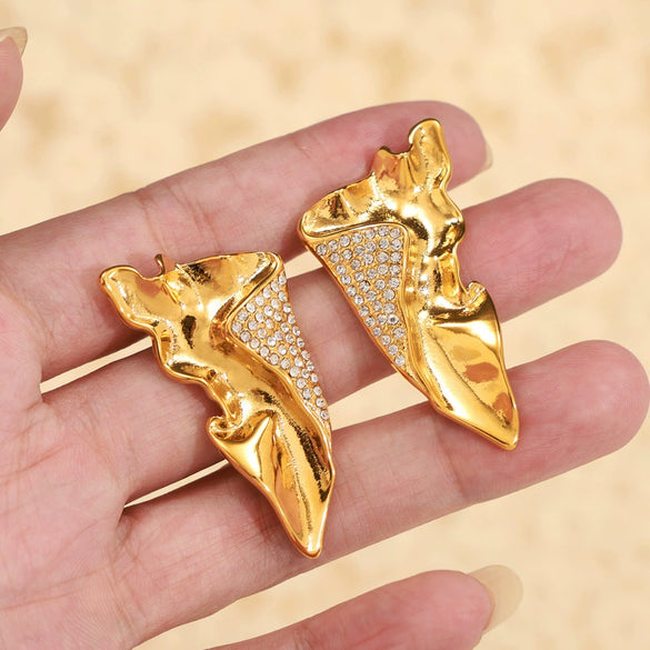 Wholesale 316L Stainless Steel Geometric Pleated Texture Wings Shape Earrings With Diamond Design Electroplated For Women