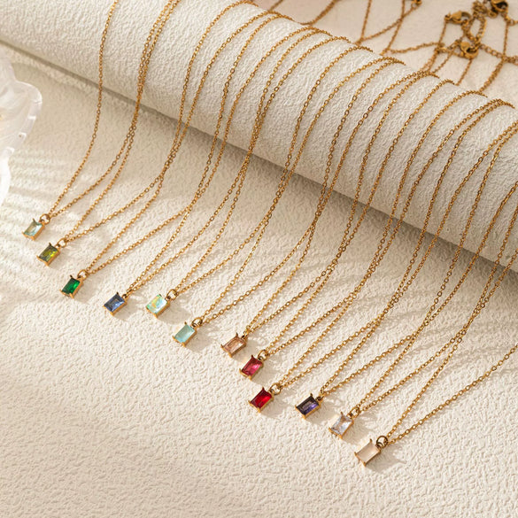 Wholesale Titanium Steel Geometric Rectangular December Birthstone Pendant Necklace With Colorful Zircon And 18K Gold Plated O Chain For Unisex