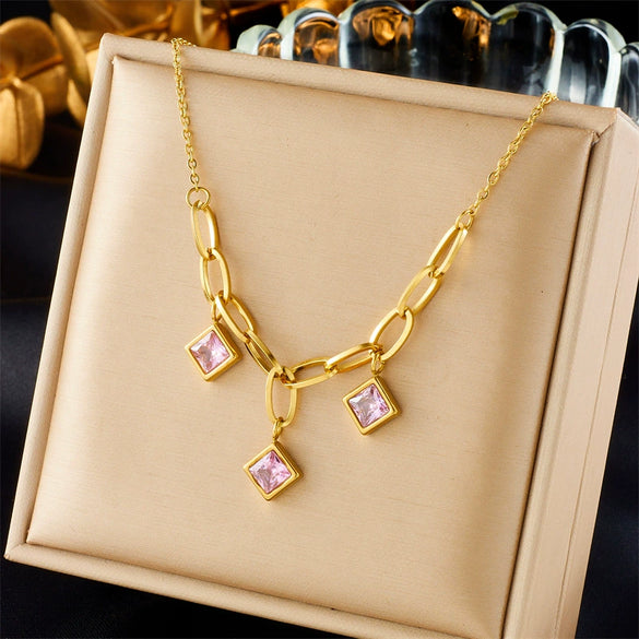 Wholesale Titanium Steel Geometric Rhinestone Pendant Chain Necklace Gold Plated For Women