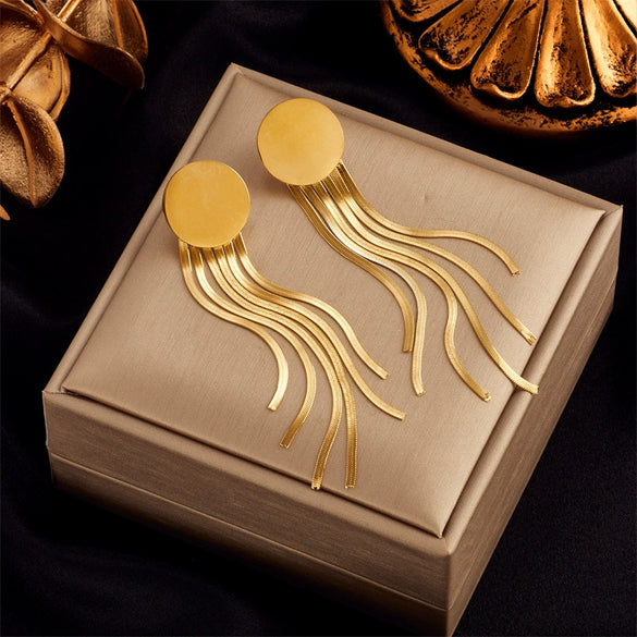 Wholesale Titanium Steel Geometric Round Blade Tassel Irregular Women's Ear Studs With Electroplating