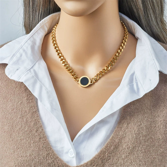 Wholesale Titanium Steel Geometric Round Plate Connection Chain Punk Hiphop Necklace For Women