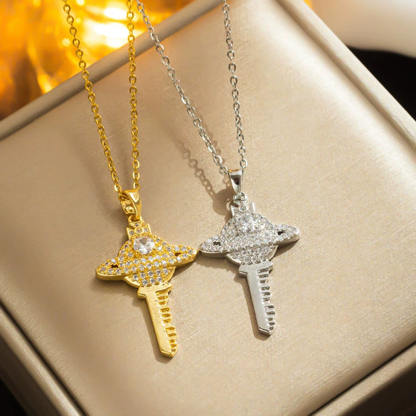 Wholesale Titanium Steel Geometric Saturn Key Necklace With Diamond For Women Light Luxury Style