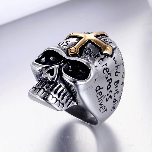Wholesale Titanium Steel Geometric Skull Cross Unisex Ring With Electroplating