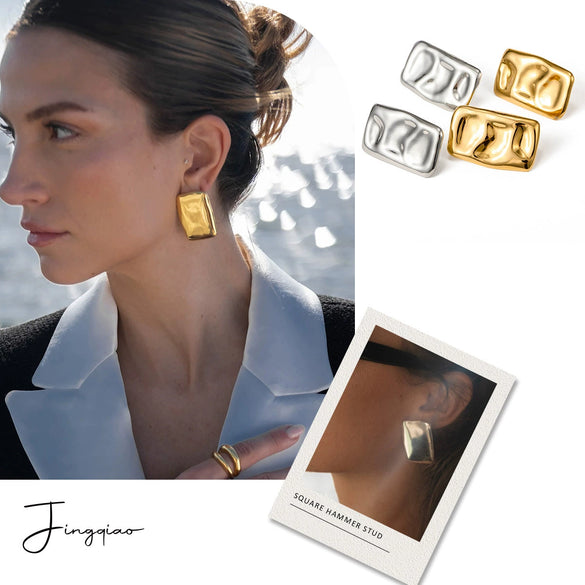 Wholesale Titanium Steel Geometric Square Hammer Pattern Earrings For Women With 18K Gold Electroplating