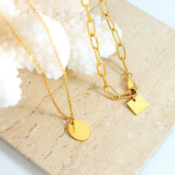 Wholesale 316L Stainless Steel Geometric Square Tassel Oval Pendant Double Layer Stacked Hip Hop Necklace For Women Electroplated