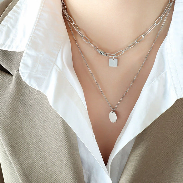 Wholesale 316L Stainless Steel Geometric Square Tassel Oval Pendant Double Layer Stacked Hip Hop Necklace For Women Electroplated