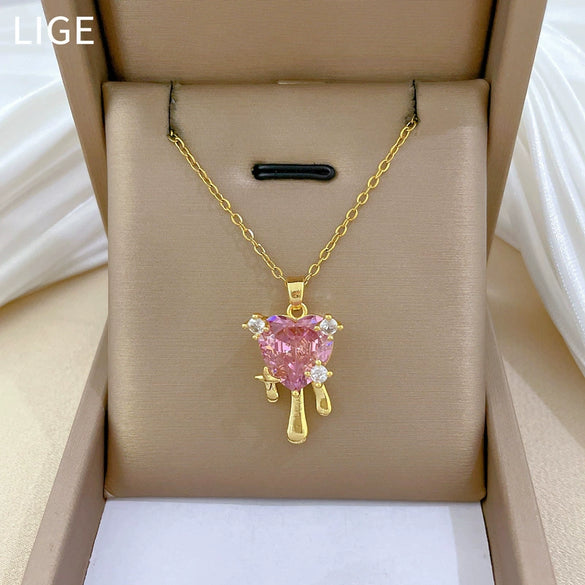 Wholesale Titanium Steel Geometric Style Diamond Necklace For Women And Men With Love Tassel Design