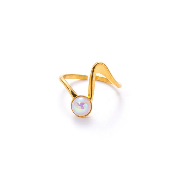 Wholesale Titanium Steel Geometric U Shape Niche Style Ring With 18K Gold Inlaid Natural Stone