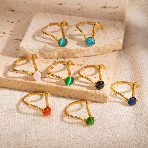 Wholesale Titanium Steel Geometric U Shape Niche Style Ring With 18K Gold Inlaid Natural Stone