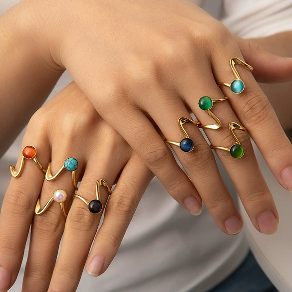 Wholesale Titanium Steel Geometric U Shape Niche Style Ring With 18K Gold Inlaid Natural Stone