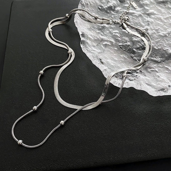 Wholesale Titanium Steel Geometric Women's Double Layer Stacked Clavicle Necklace With Electroplating Design