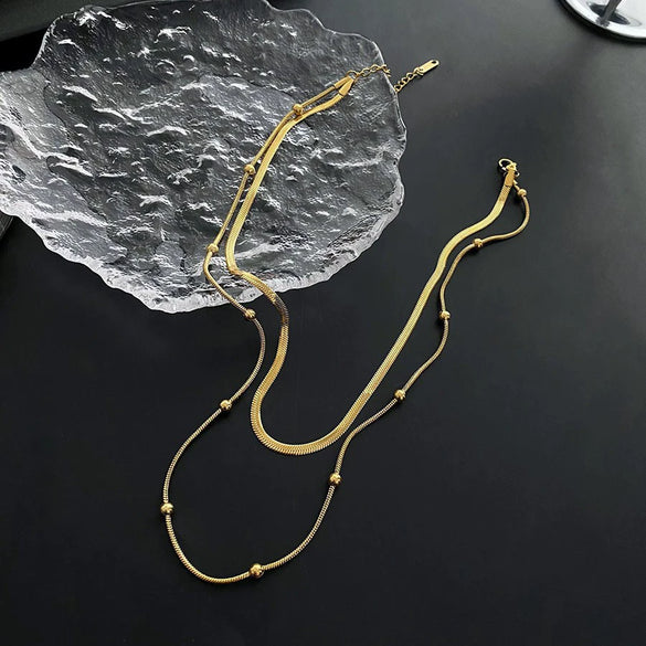 Wholesale Titanium Steel Geometric Women's Double Layer Stacked Clavicle Necklace With Electroplating Design