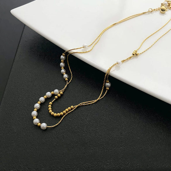 Wholesale Titanium Steel Geometric Women's Double Layer Stacked Clavicle Necklace With Electroplating Design