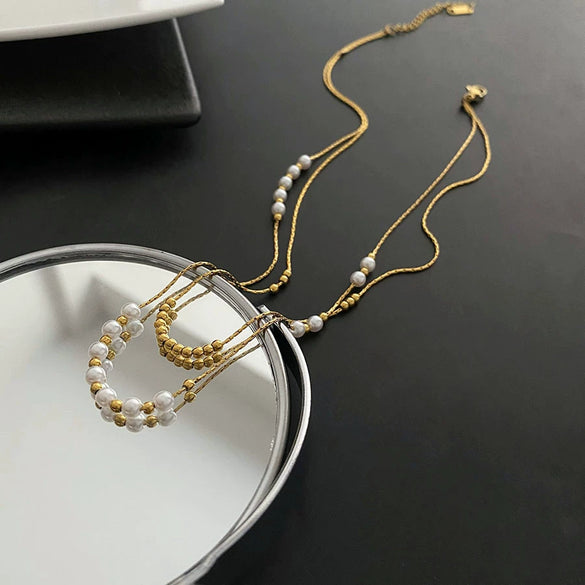Wholesale Titanium Steel Geometric Women's Double Layer Stacked Clavicle Necklace With Electroplating Design