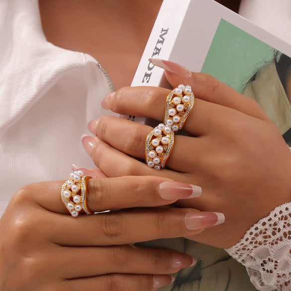 Wholesale 316L Stainless Steel Gold Plated Geometric Beads Inlaid Ring