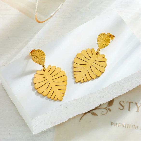 Wholesale Titanium Steel Gold Plated Leaves Retro Earrings For Women Fashion Exaggerated Style