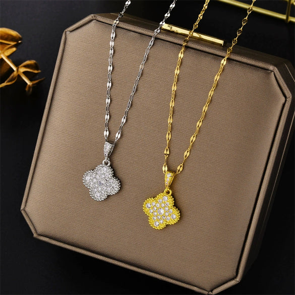 Wholesale Titanium Steel Golden Clover Necklace With Mixed Gem Inlay And Twisted Chain For Women