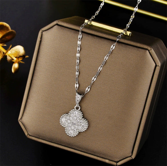 Wholesale Titanium Steel Golden Clover Necklace With Mixed Gem Inlay And Twisted Chain For Women