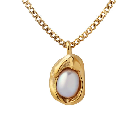 Wholesale 316L Stainless Steel Goldplated Cuban Chain Necklace With Geometric Specialshaped Pendant And Natural Freshwater Pearl Inlaid