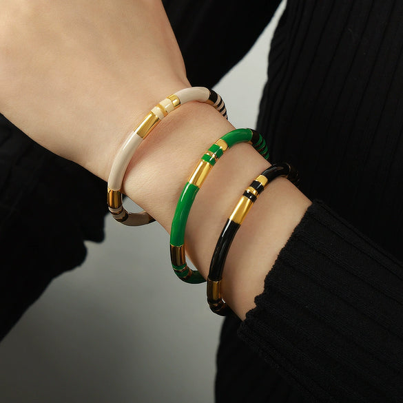 Wholesale 316L Stainless Steel Goldplated Enamel Glaze Open Bracelet Jewelry Retro Geometric Dripping Oil Style