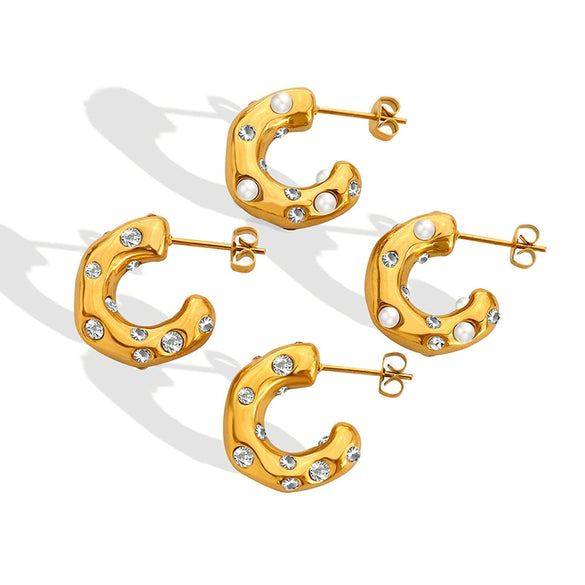 Wholesale Titanium Steel Goldplated Geometric Cshaped Earrings With Inlaid Imitation Pearl Zircon