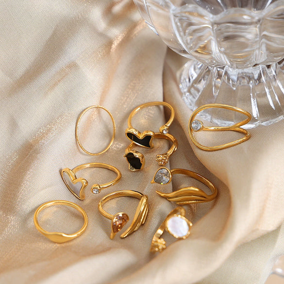 Wholesale 316L Stainless Steel Goldplated Geometric Inlaid Zircon And Shellfish Simple Unisex Ring