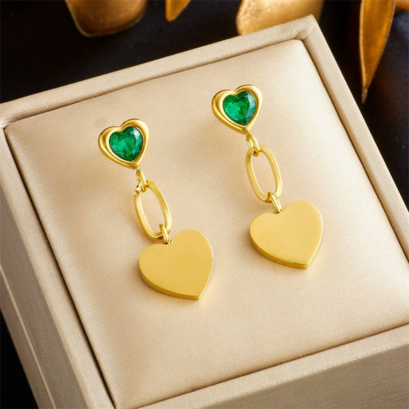 Wholesale Titanium Steel Goldplated Heart Shape Diamondembedded Pendant Long Earrings For Women Fashion Retro Style