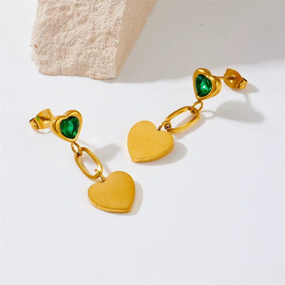 Wholesale Titanium Steel Goldplated Heart Shape Diamondembedded Pendant Long Earrings For Women Fashion Retro Style