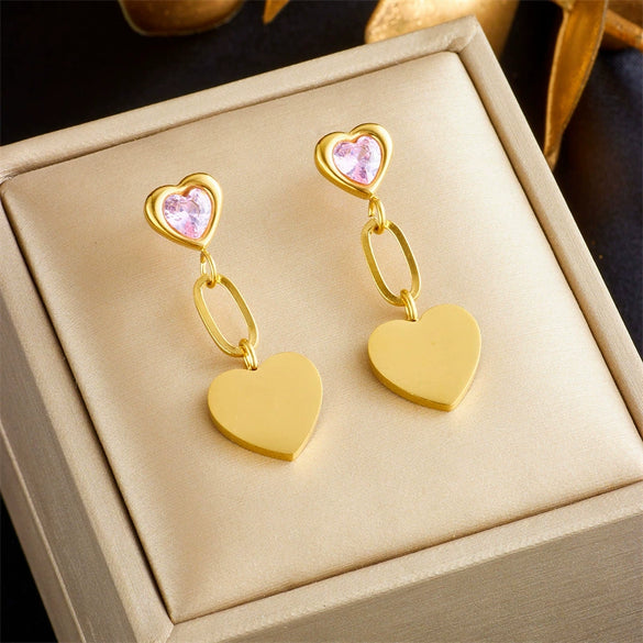 Wholesale Titanium Steel Goldplated Heart Shape Diamondembedded Pendant Long Earrings For Women Fashion Retro Style