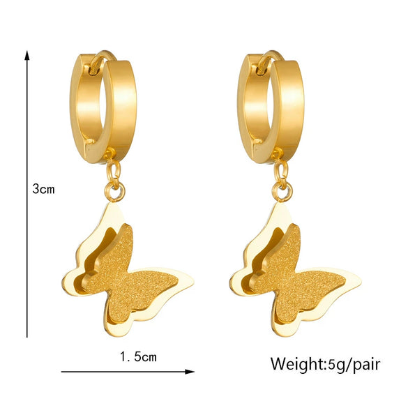 Wholesale Titanium Steel Goldplated Insect Retro Animal Style Butterfly Pendant Earrings