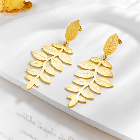 Wholesale Titanium Steel Goldplated Leaf Earrings Retro Elegant And Creative Design