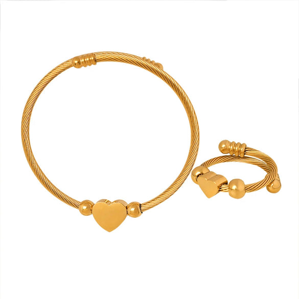 Wholesale Titanium Steel Goldplated Love Shape Jewelry Set Including Adjustable Coil Bracelet And Trendy Ring