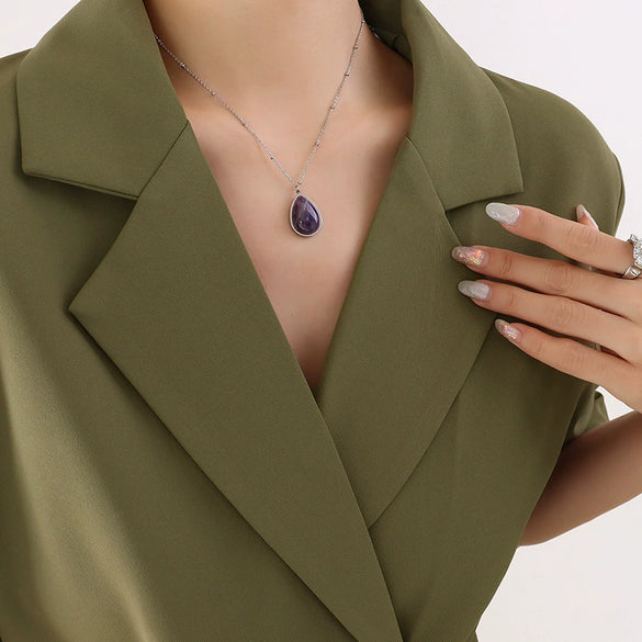 Wholesale Titanium Steel Goldplated Necklace With Polished Underwater Shape Oval Pendant Of Mixed Gem Inlay