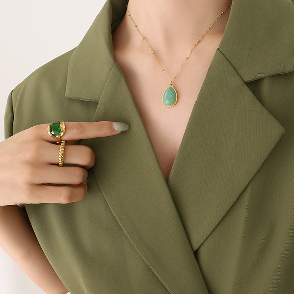 Wholesale Titanium Steel Goldplated Necklace With Polished Underwater Shape Oval Pendant Of Mixed Gem Inlay