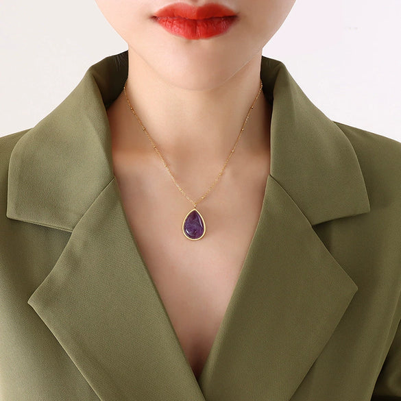 Wholesale Titanium Steel Goldplated Necklace With Polished Underwater Shape Oval Pendant Of Mixed Gem Inlay