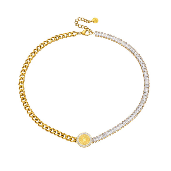 Wholesale Titanium Steel Goldplated Necklace With Rhinestone Chain Irregular Stitching Round Shape And Printed Pattern For Women