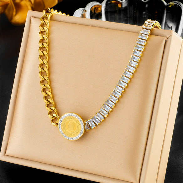 Wholesale Titanium Steel Goldplated Necklace With Rhinestone Chain Irregular Stitching Round Shape And Printed Pattern For Women