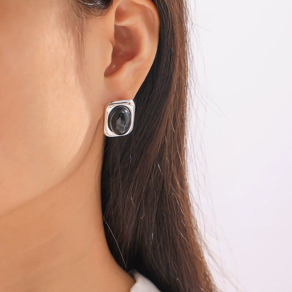 Wholesale 316L Stainless Steel Goldplated Retro Geometric Black Glass Inlaid Women's Square Earrings