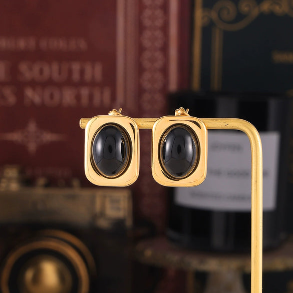 Wholesale 316L Stainless Steel Goldplated Retro Geometric Black Glass Inlaid Women's Square Earrings