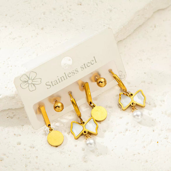 Wholesale Titanium Steel Heart Bow Zircon Earrings Set With Electroplating For Women In Simple Geometric Style