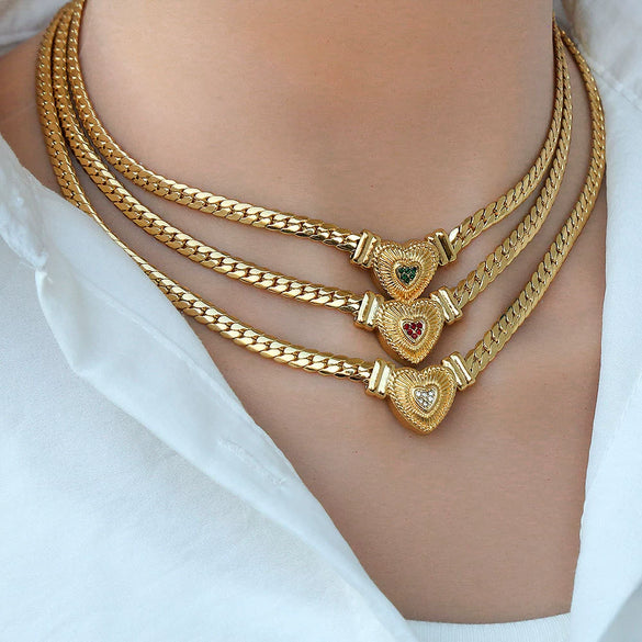 Wholesale Titanium Steel Heart Drop Shape Cuban Chain Necklace With 18K Real Gold Electroplated Light Luxury Hip Hop Style