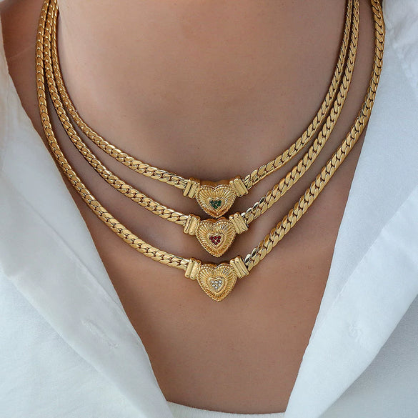Wholesale Titanium Steel Heart Drop Shape Cuban Chain Necklace With 18K Real Gold Electroplated Light Luxury Hip Hop Style