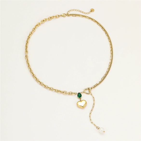 Wholesale Titanium Steel Heart Necklace Inlaid With Pearls And Water Drop Zircons Electroplated 18K Stainless Steel For Women