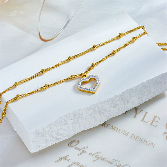 Wholesale Titanium Steel Heart Shape Beaded Doublelayer Stacked Chain Love Pendant Anklet For Women