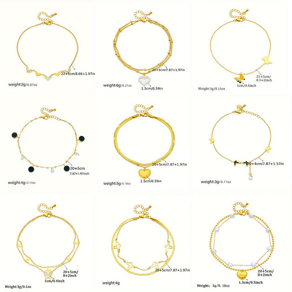 Wholesale Titanium Steel Heart Shape Butterfly Pearl Pendant Anklet For Women