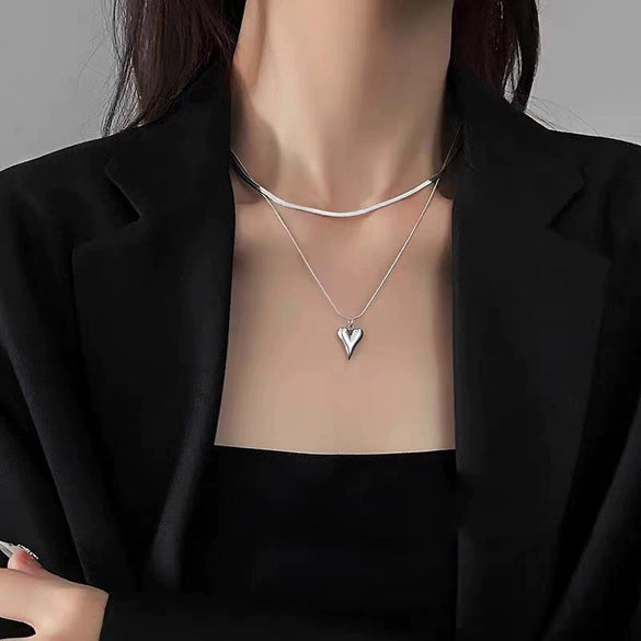 Wholesale Titanium Steel Heart Shape Doublelayer Stacking Necklace With Snake Bone Chain And Polishing Treatment For Unisex