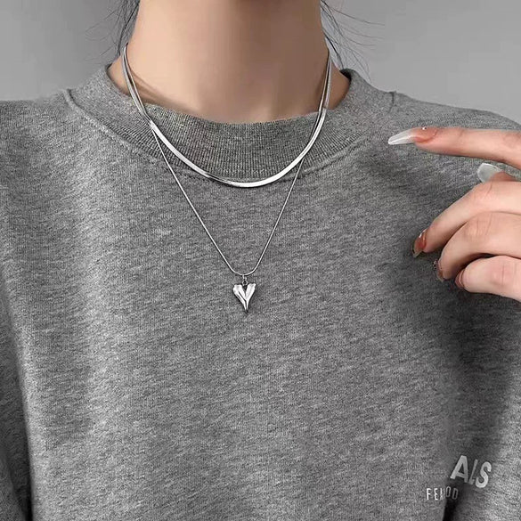 Wholesale Titanium Steel Heart Shape Doublelayer Stacking Necklace With Snake Bone Chain And Polishing Treatment For Unisex